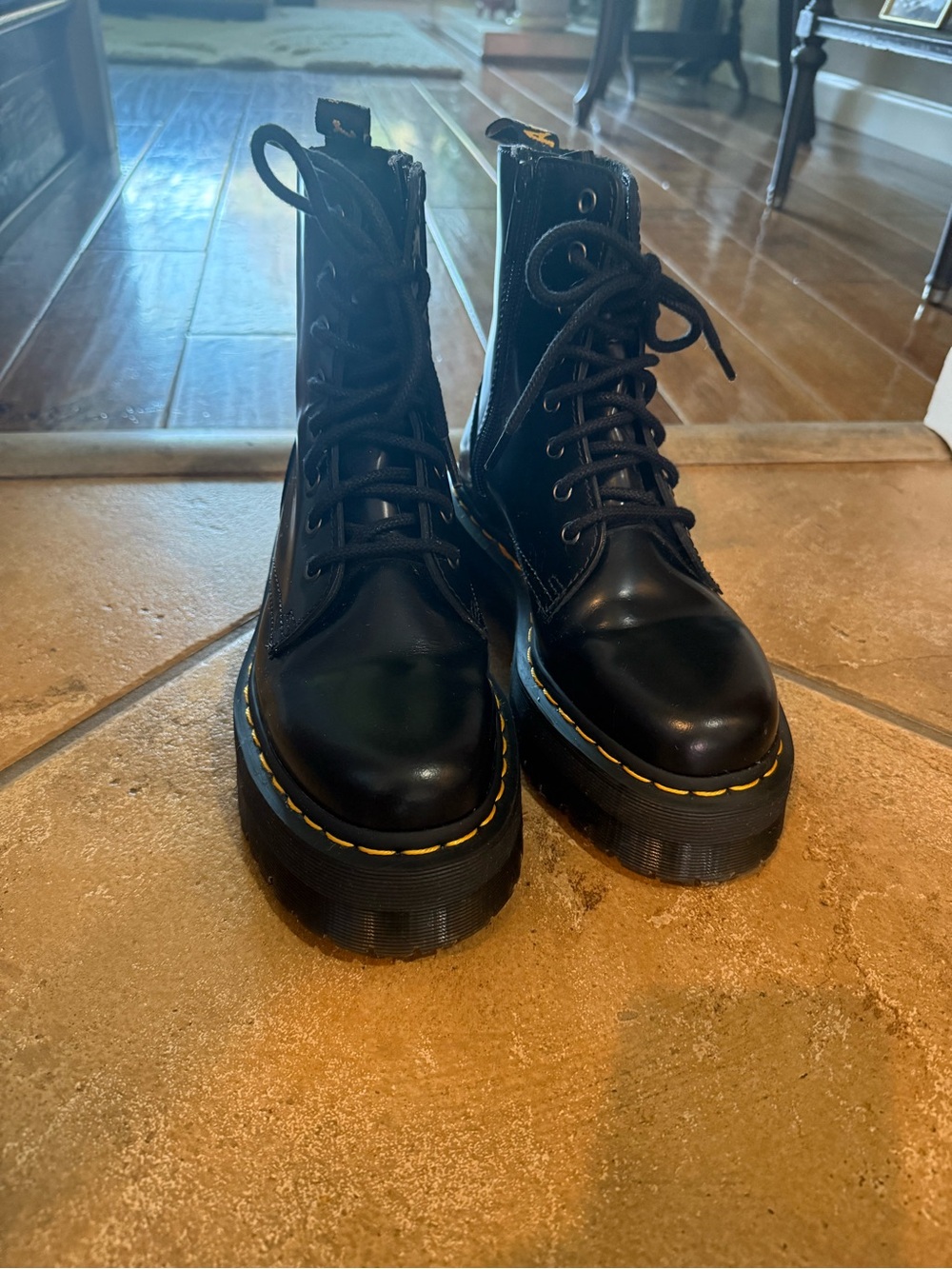 Dr. Martens Black Leather Platform Boots with Yellow Stitching